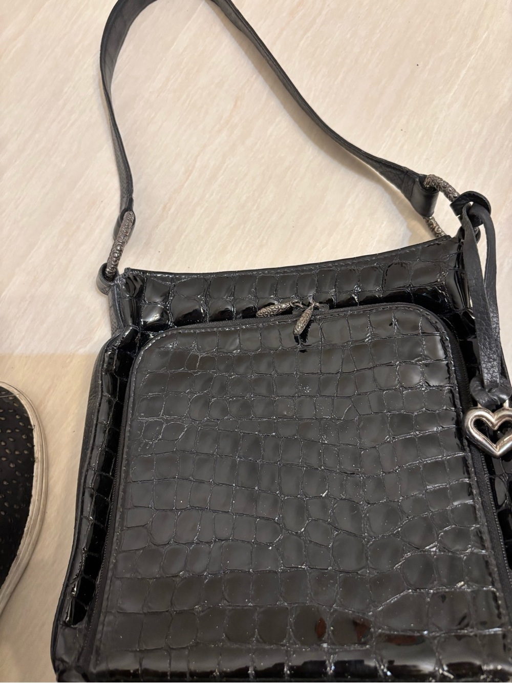 Brighton Black Croc-Embossed Shoulder Bag with Heart Charm
